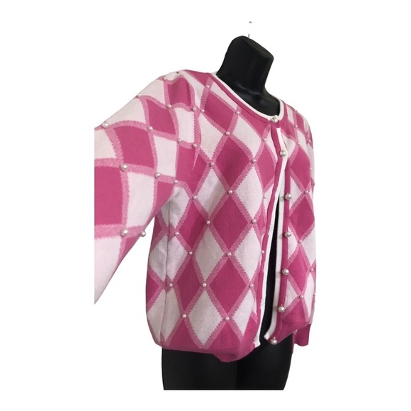 Nanette Lepore pink white diamond print long sleeve cardigan sweater size medium - Picture 4 of 9